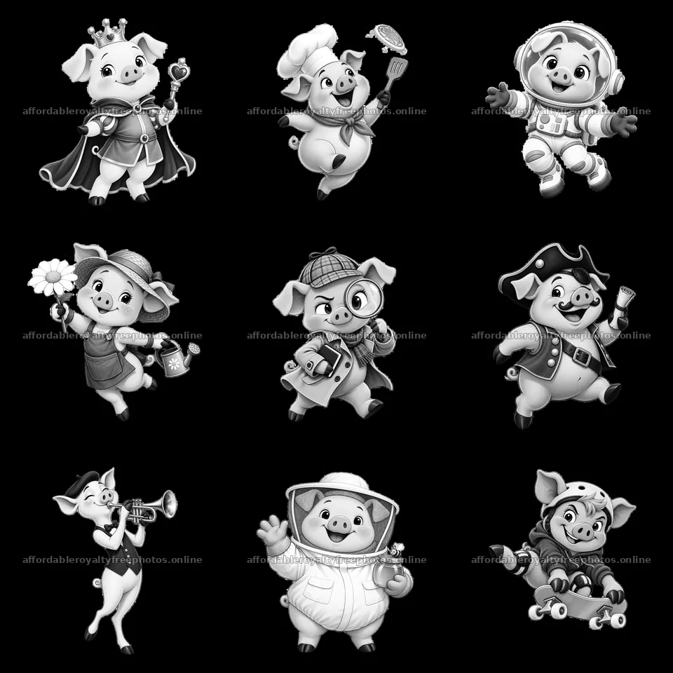 Nine cartoon pig characters in various professions and – royalty-free photos 7746x7746