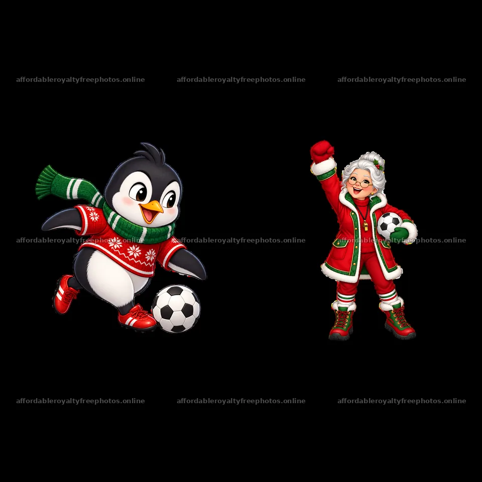 Christmas soccer penguin and Santa woman playing together – royalty-free photos 7746x7746