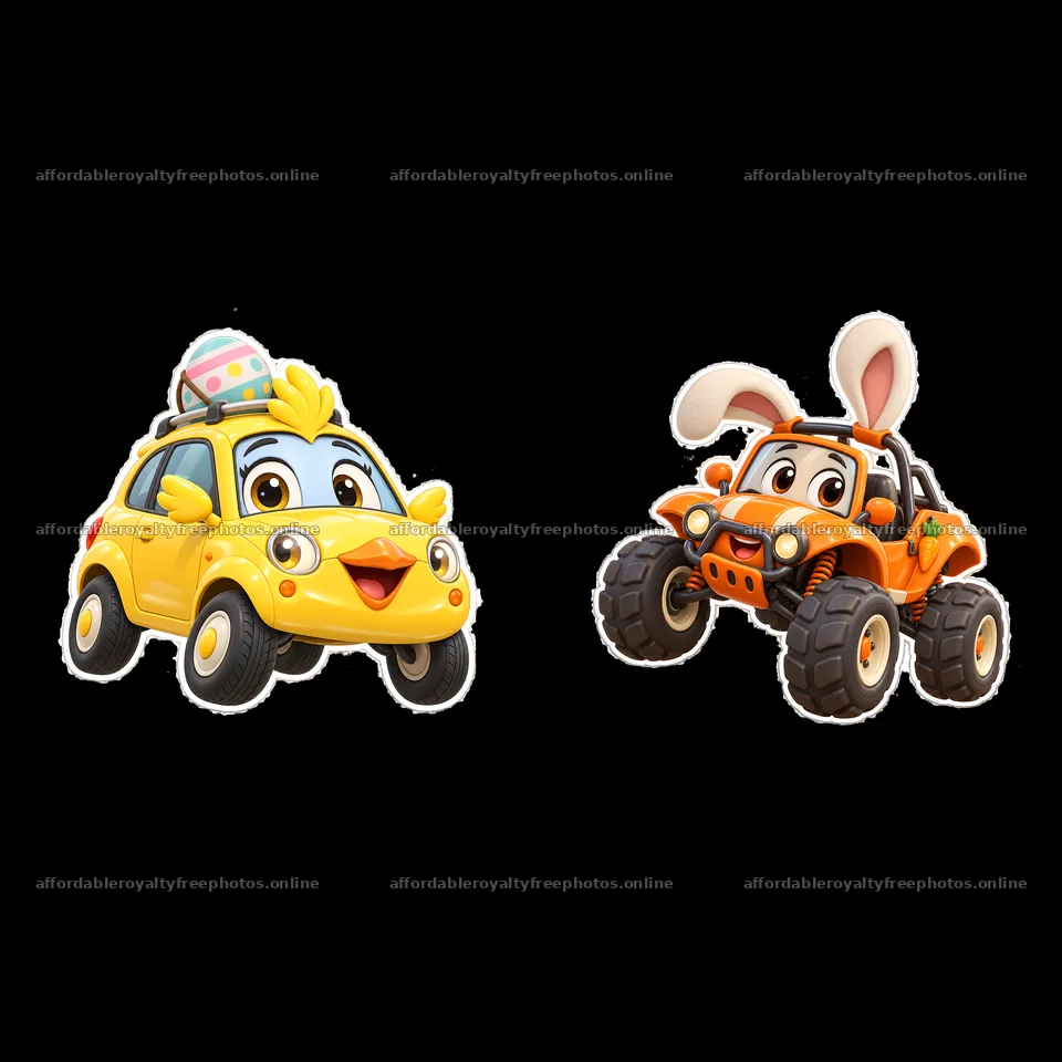 Cartoon car characters for Easter with bunny and chick – royalty-free photos 7746x7746