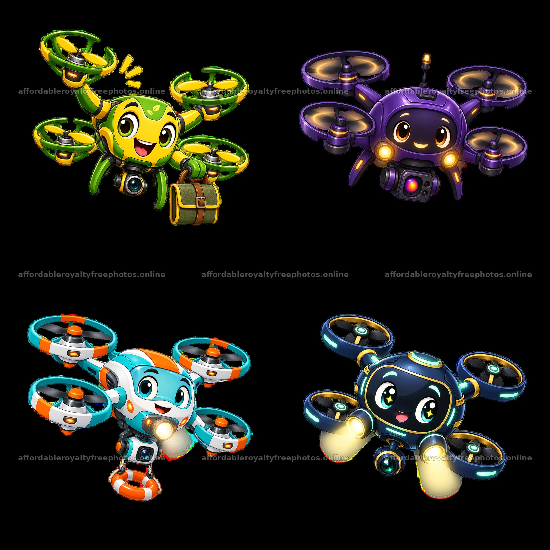 Colorful cartoon drones with smiling faces in a fun – royalty-free photos 7746x7746