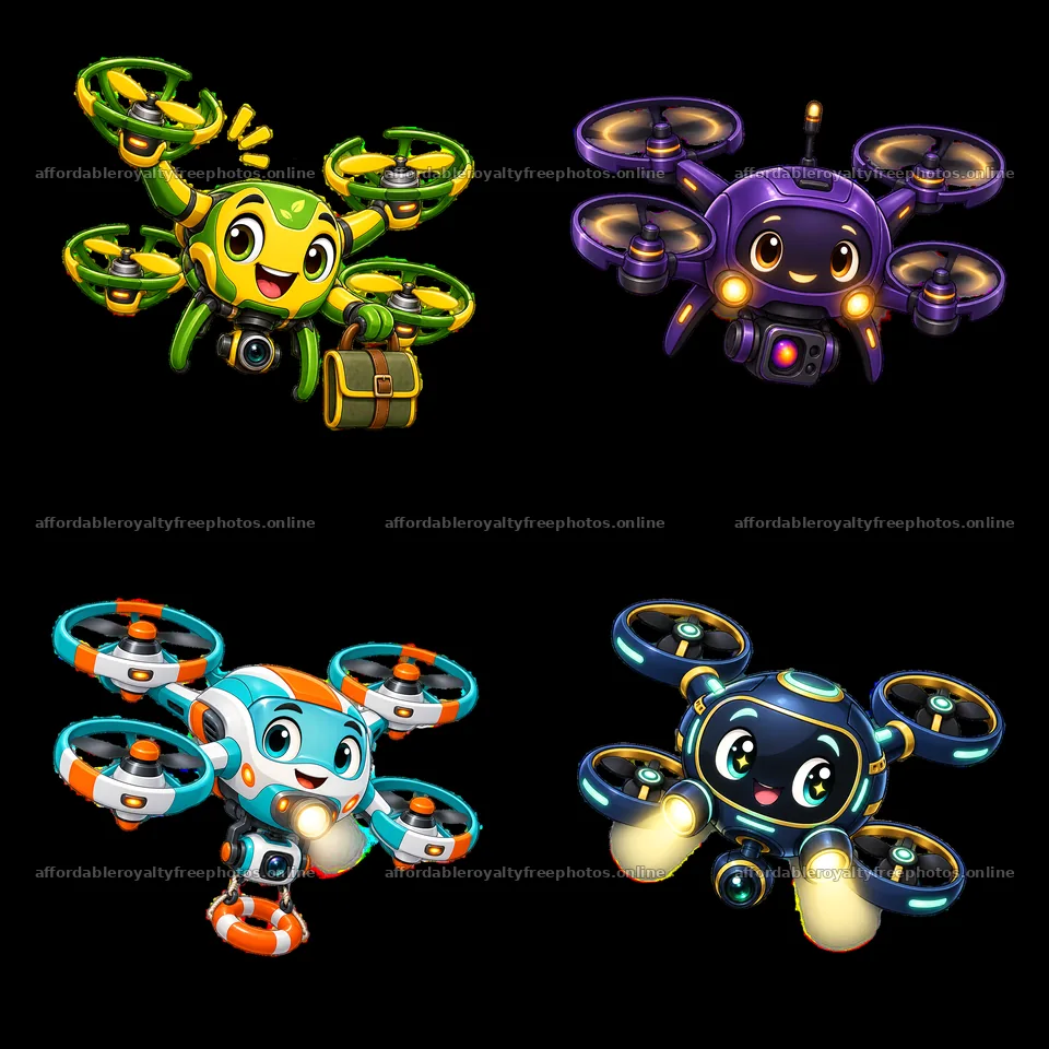 Colorful cartoon drones with smiling faces in a fun – royalty-free photos 7746x7746
