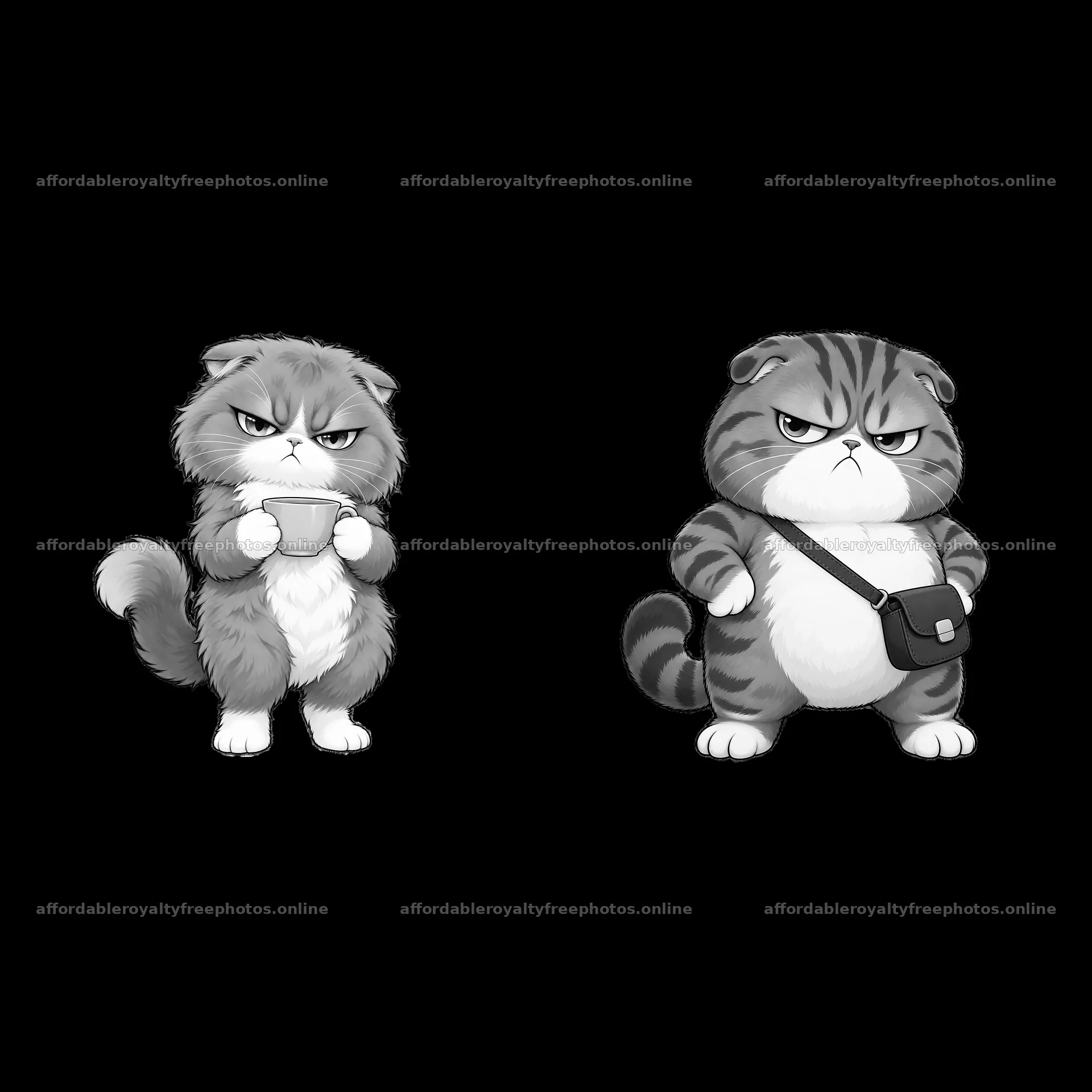 Kawaii grumpy cats with accessories in monochrome – royalty-free photos 7746x7746