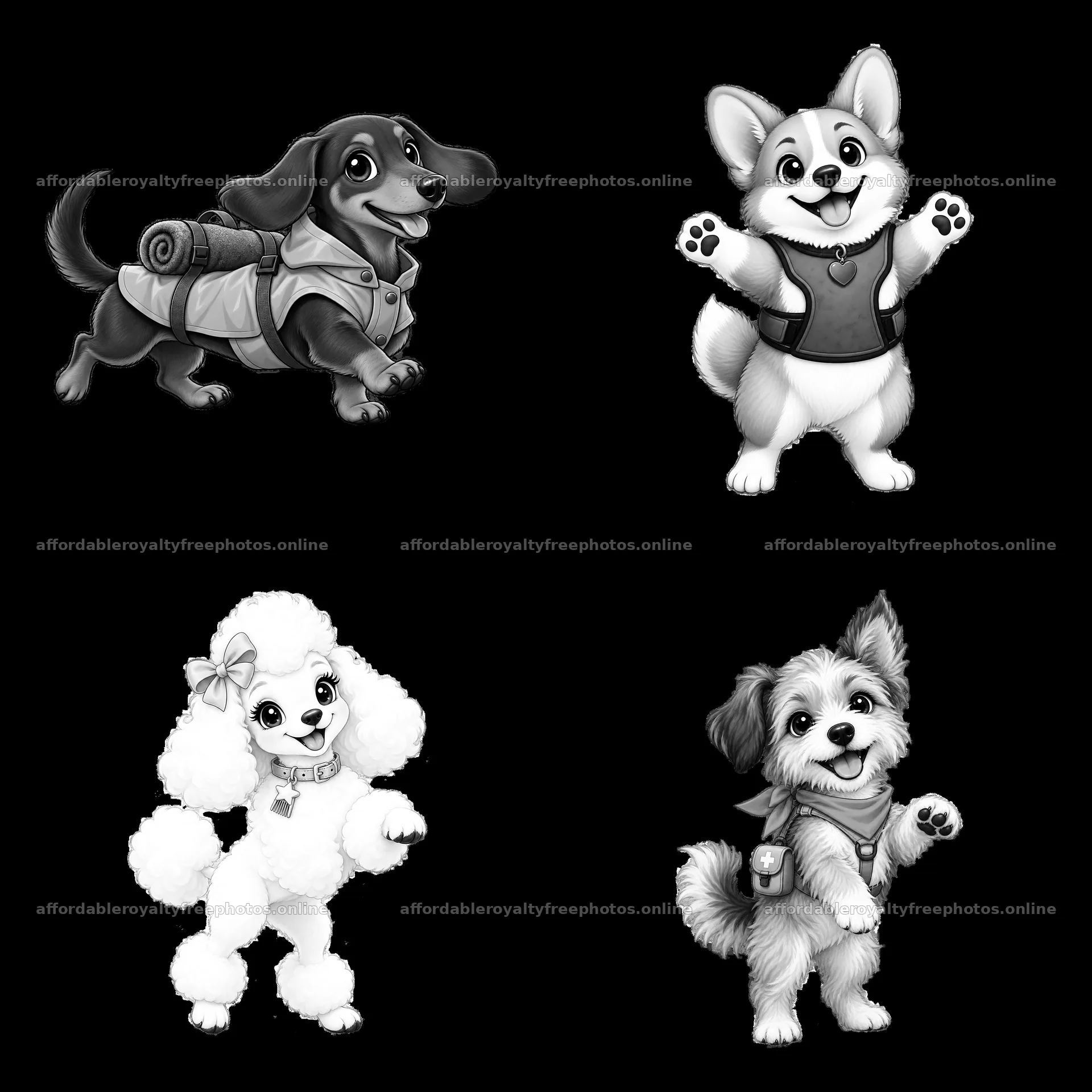 Cute K-9 dog characters in a 2x2 grid arrangement – royalty-free photos 7746x7746