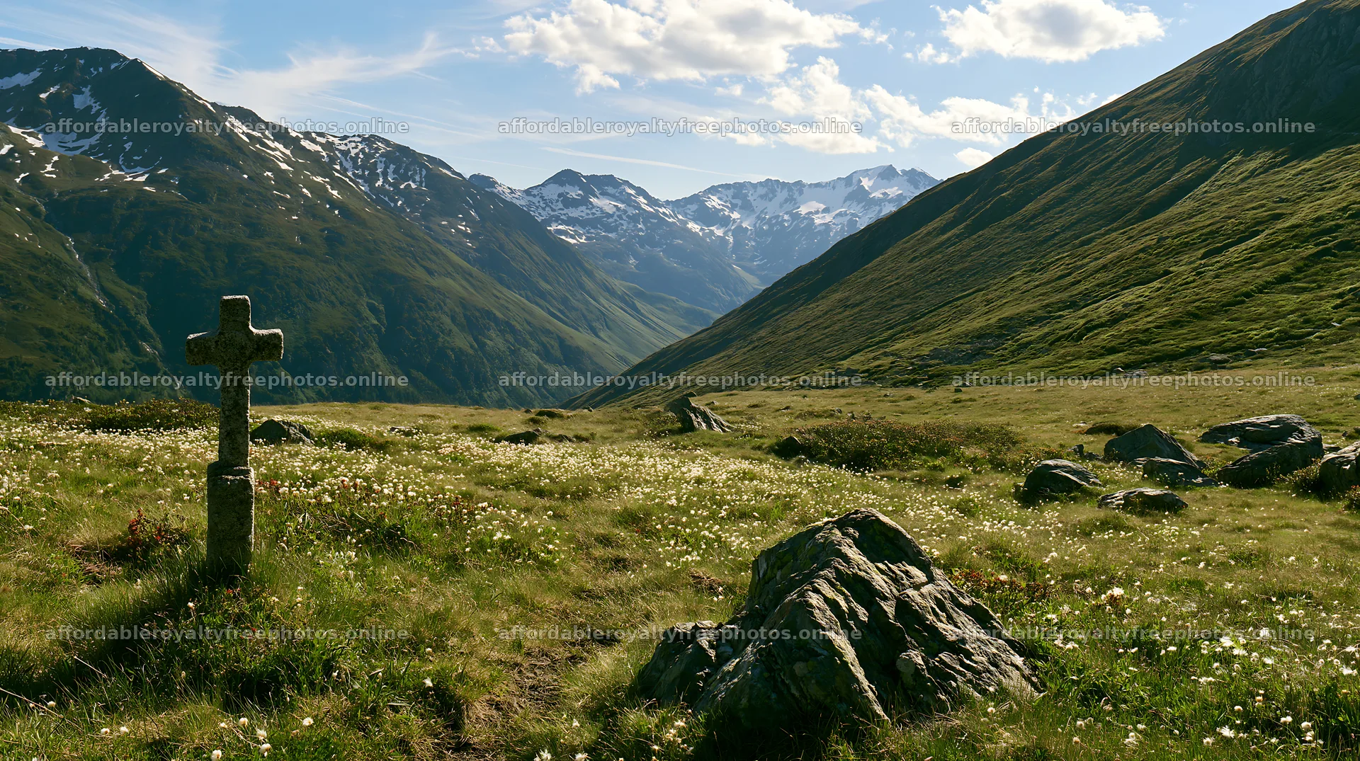 Stone Christian cross in alpine valley meadow with – royalty-free photos 10608x5938