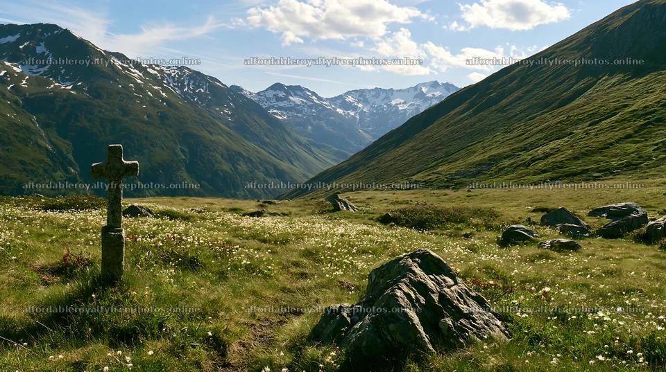 Stone Christian cross in alpine valley meadow with – royalty-free photos 10608x5938