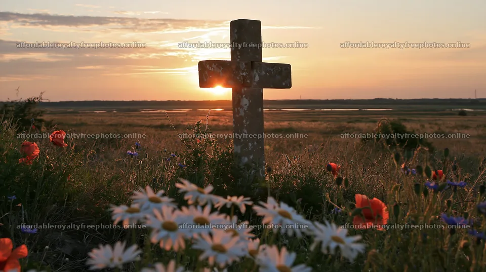 Christian cross at sunrise over meadow with wildflowers – royalty-free photos 10608x5938
