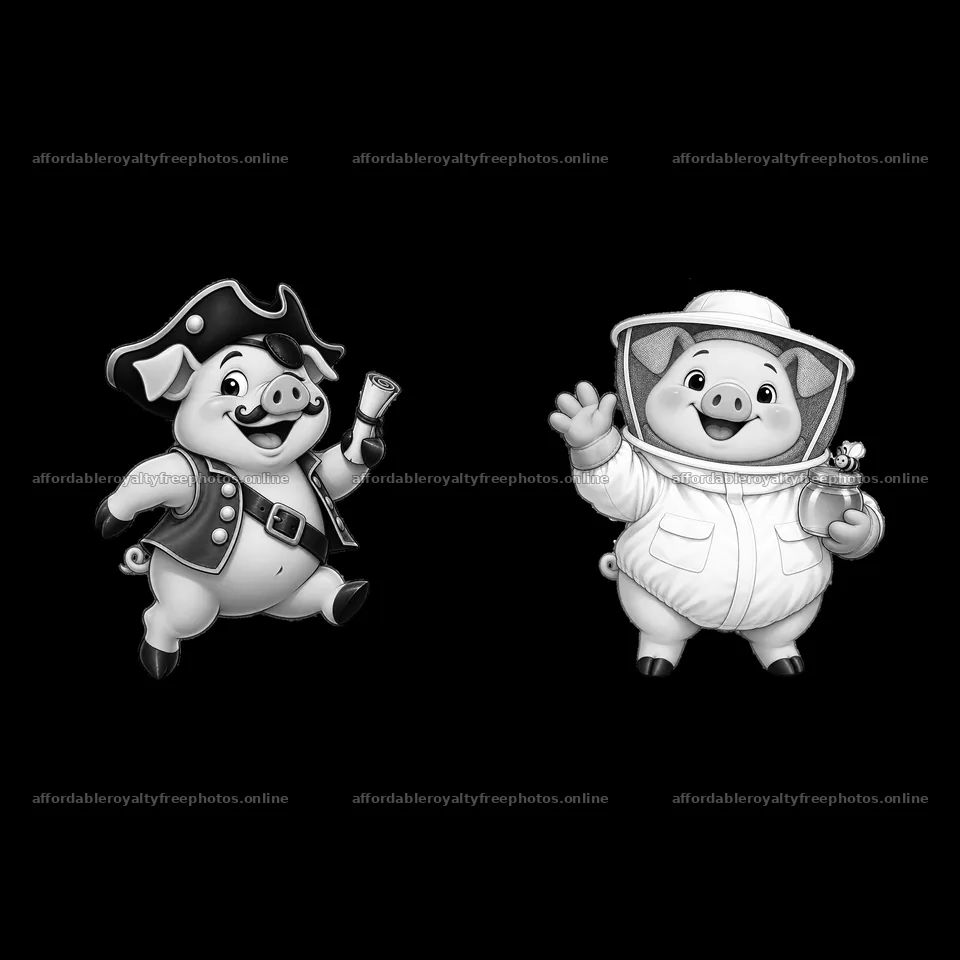Pirate pig and beekeeper pig character stickers for fun – royalty-free photos 7746x7746