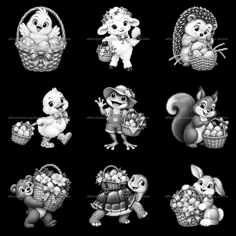 Easter basket characters in black and white cartoon – royalty-free photos 7746x7746