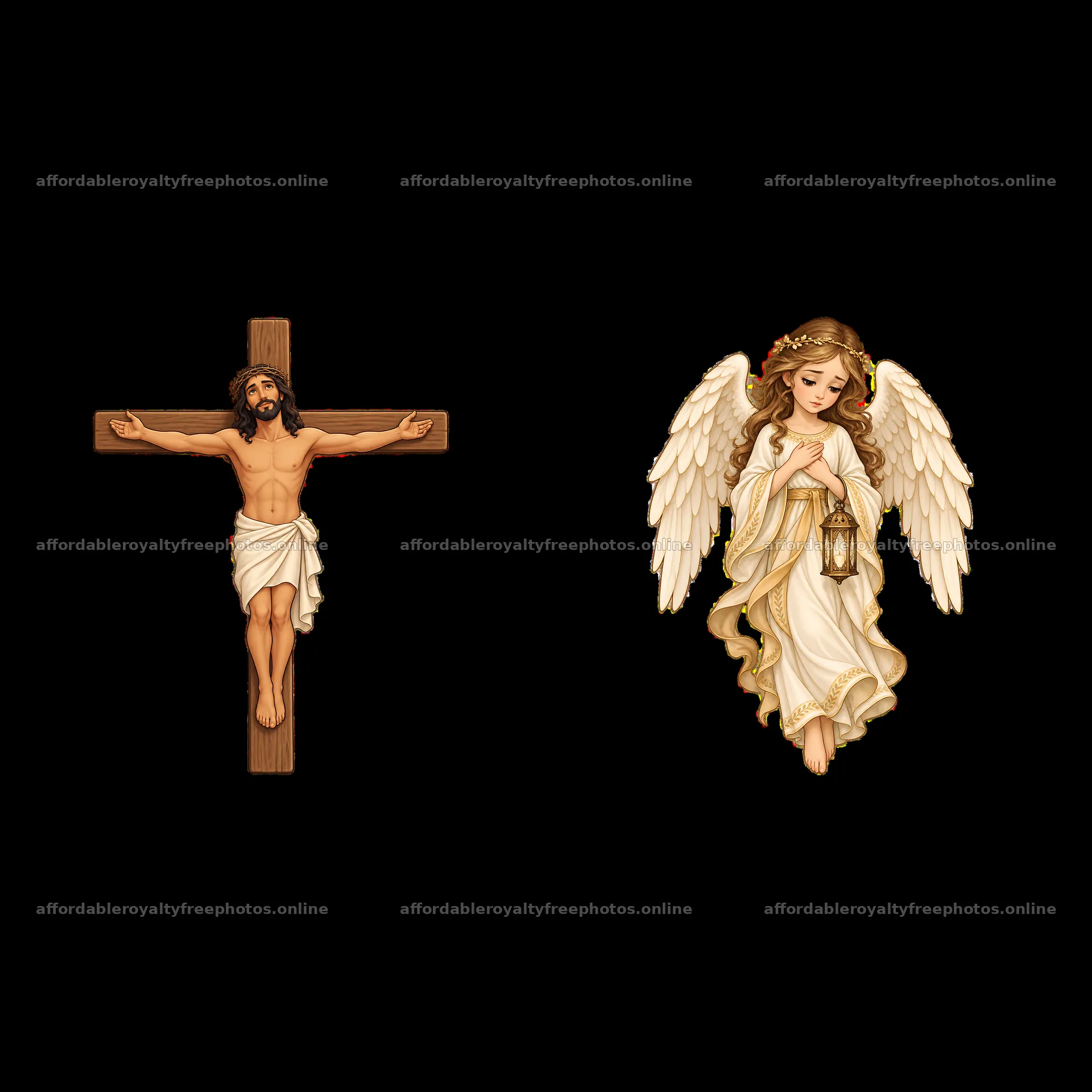 Jesus on the cross with angel holding lantern in cartoon – royalty-free photos 7746x7746