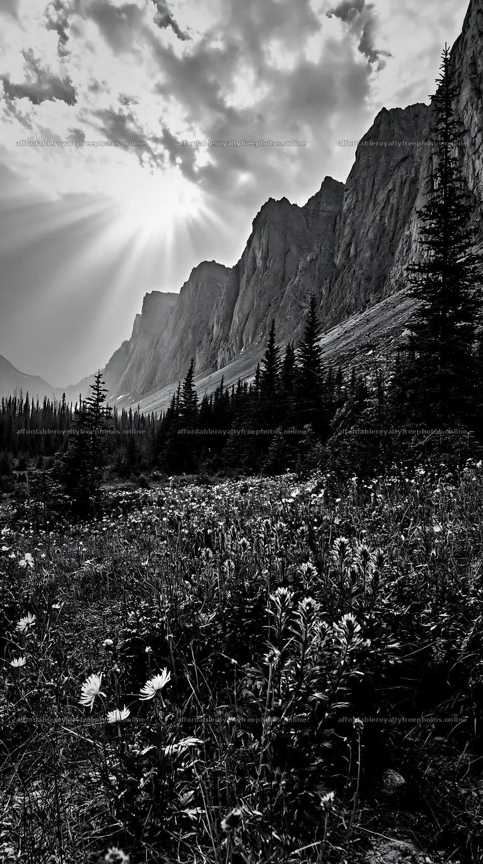 Meadow beneath crags with sunlight and clouds – royalty-free photos 5938x10608