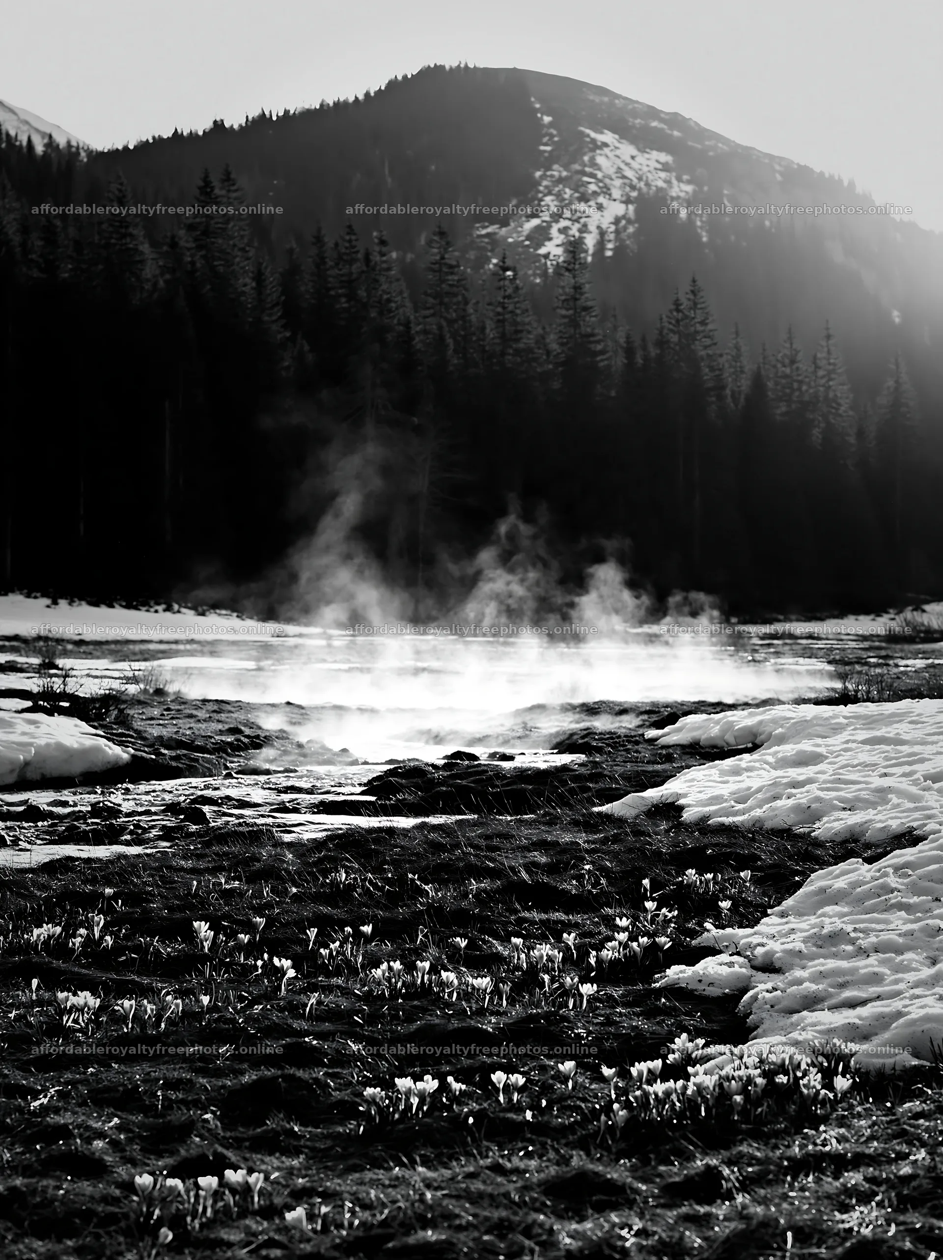 Snowmelt meadow with steam rising in mountain landscape – royalty-free photos 6866x9174