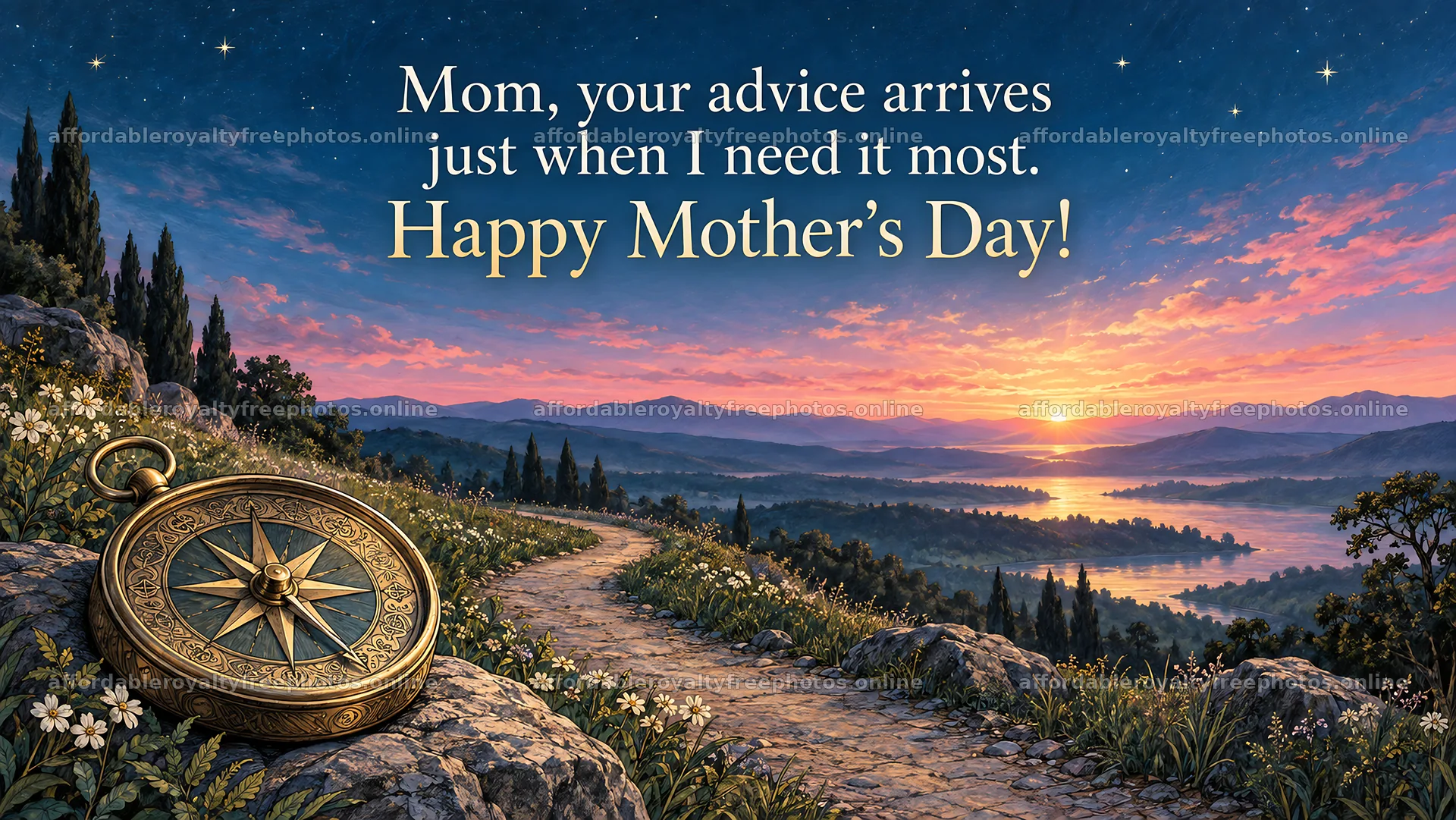 Mother's Day Greeting with Compass and Sunset – royalty-free photos 10324x5812