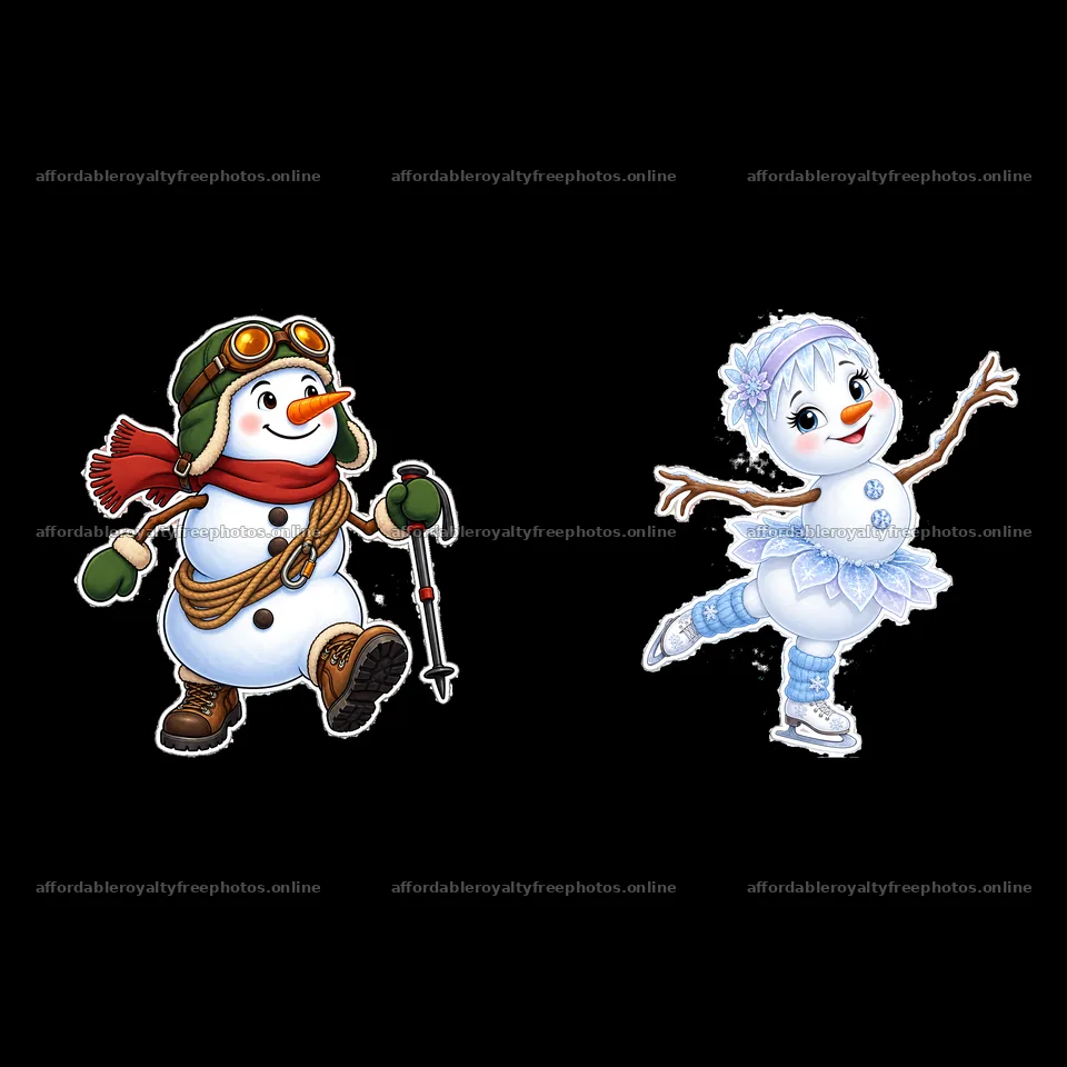 Snowman in winter gear and festive outfit skating on ice – royalty-free photos 7746x7746