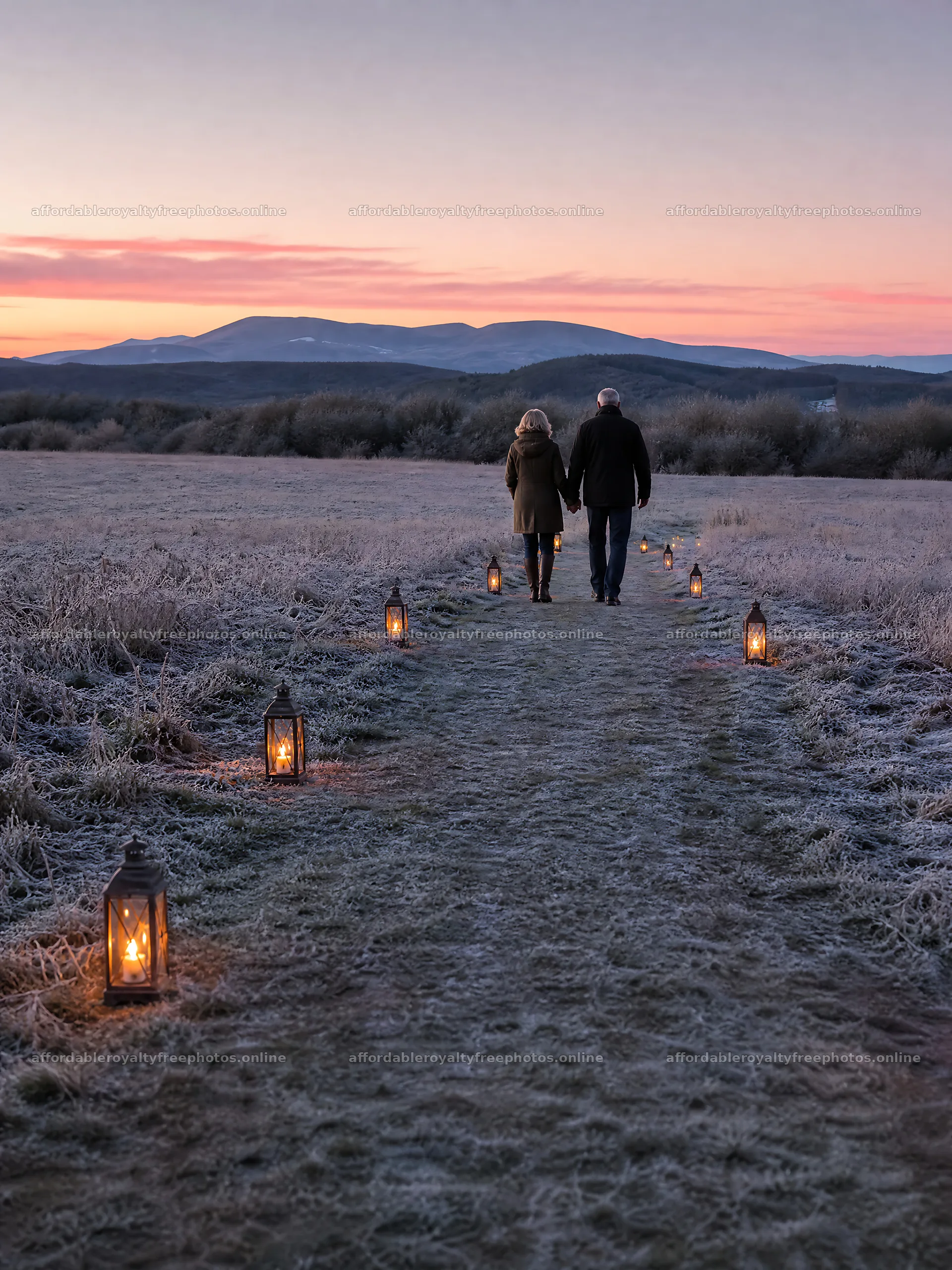 Evening path in meadow with lanterns and couple walking – royalty-free photos 6874x9166