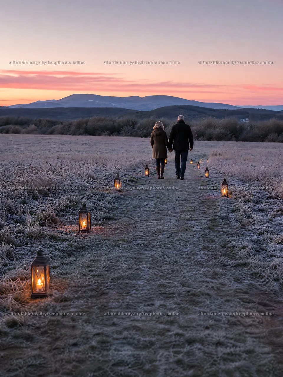 Evening path in meadow with lanterns and couple walking – royalty-free photos 6874x9166