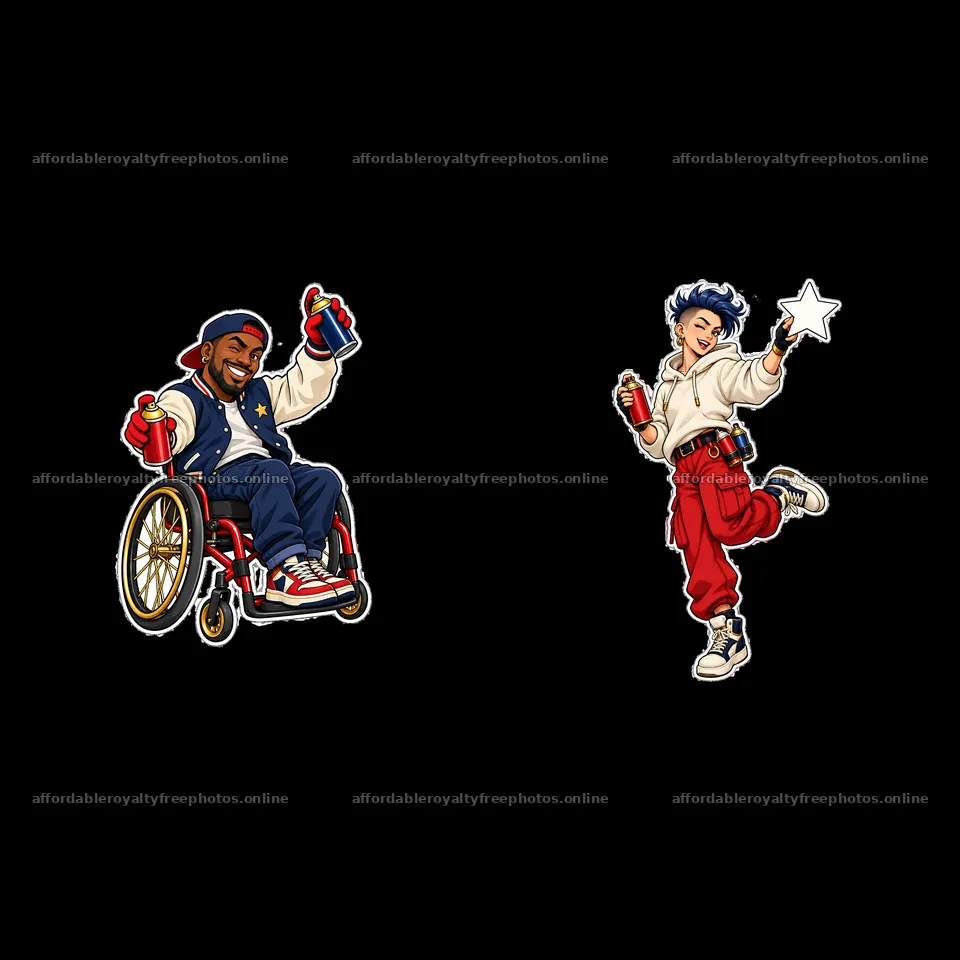 Patriotic graffiti sprayer duo in wheelchair and – royalty-free photos 7746x7746