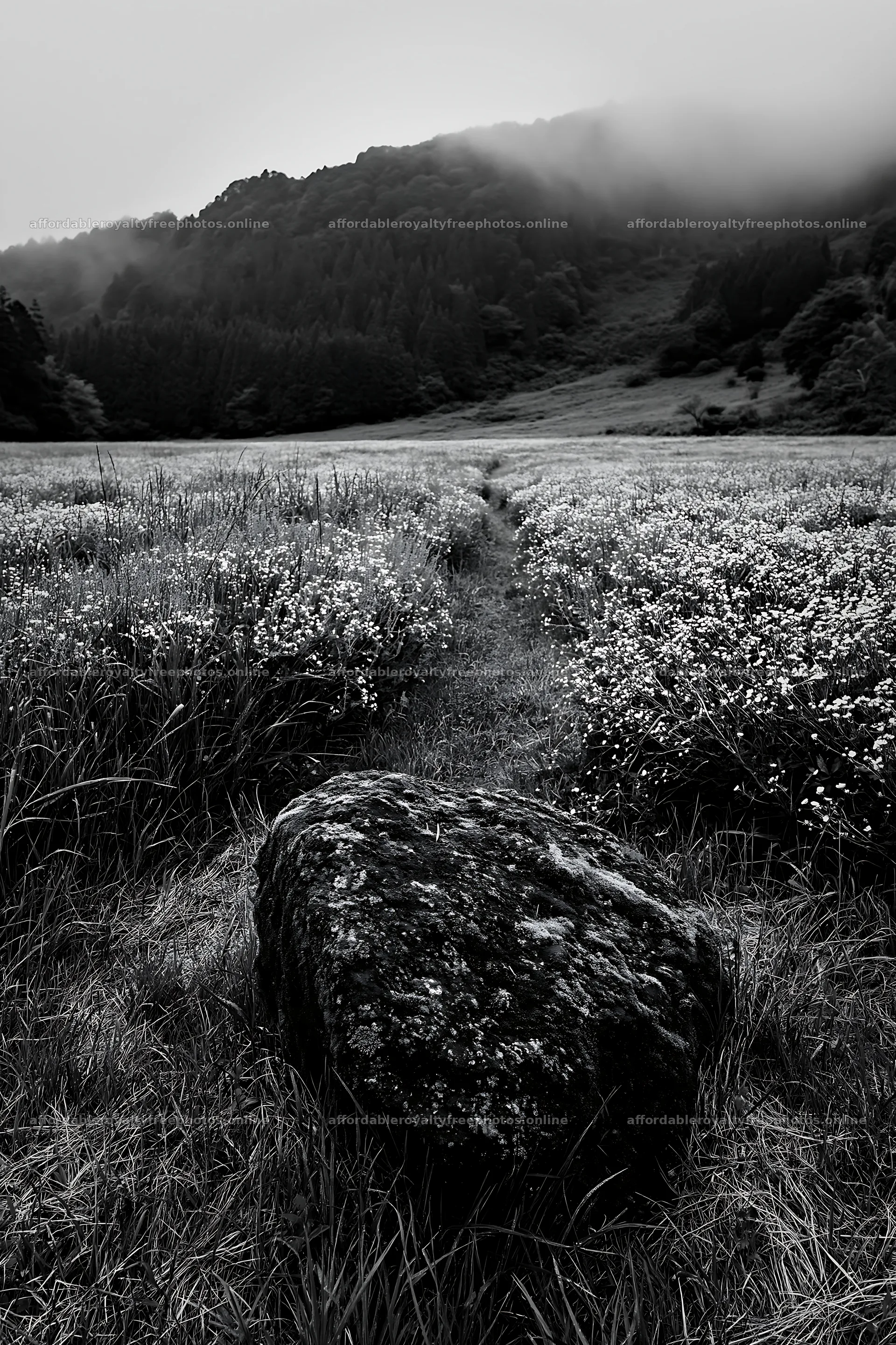 Misty meadow with moss covered stone in Shimane – royalty-free photos 6480x9722