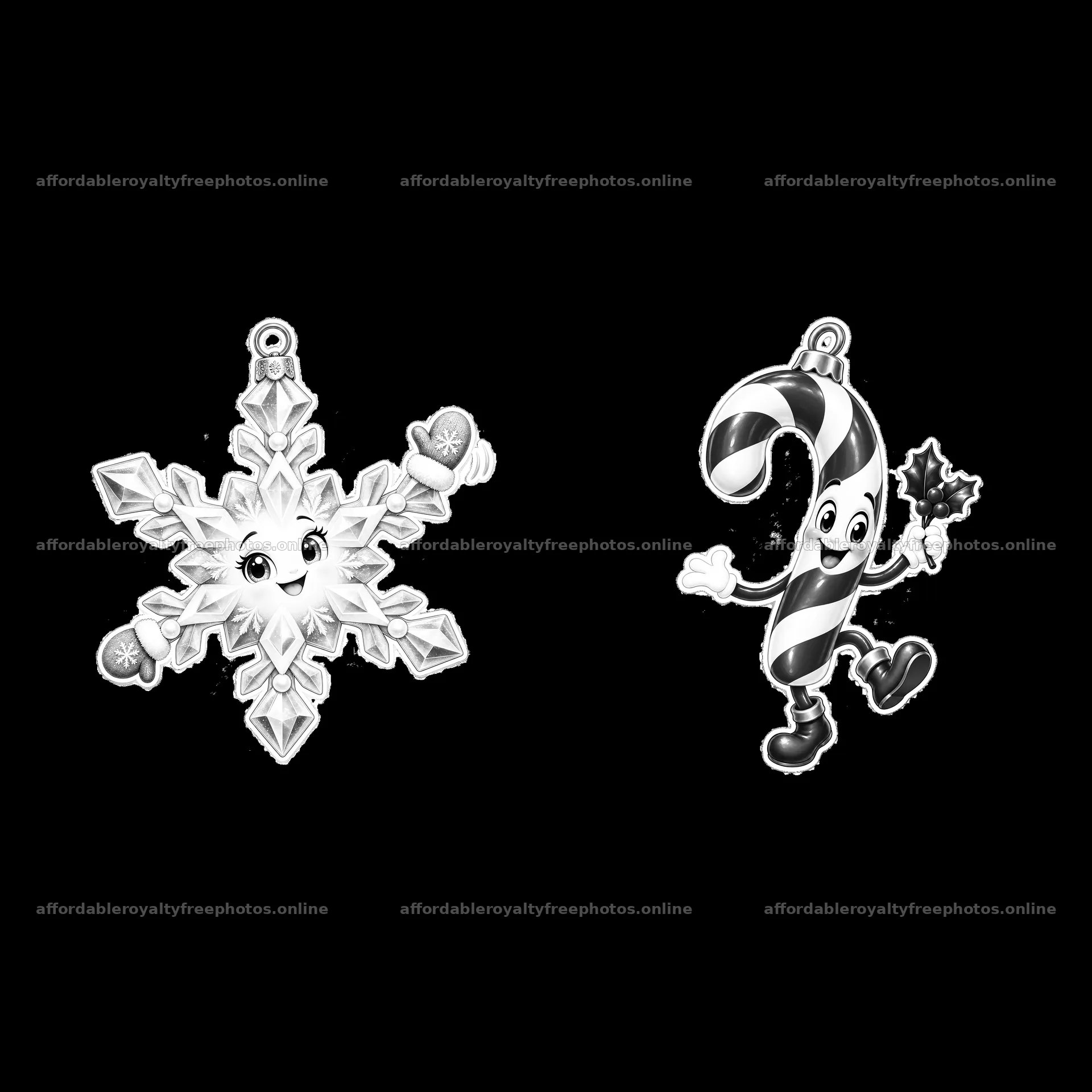Snowflake and candy cane cartoon ornaments for Christmas – royalty-free photos 7746x7746