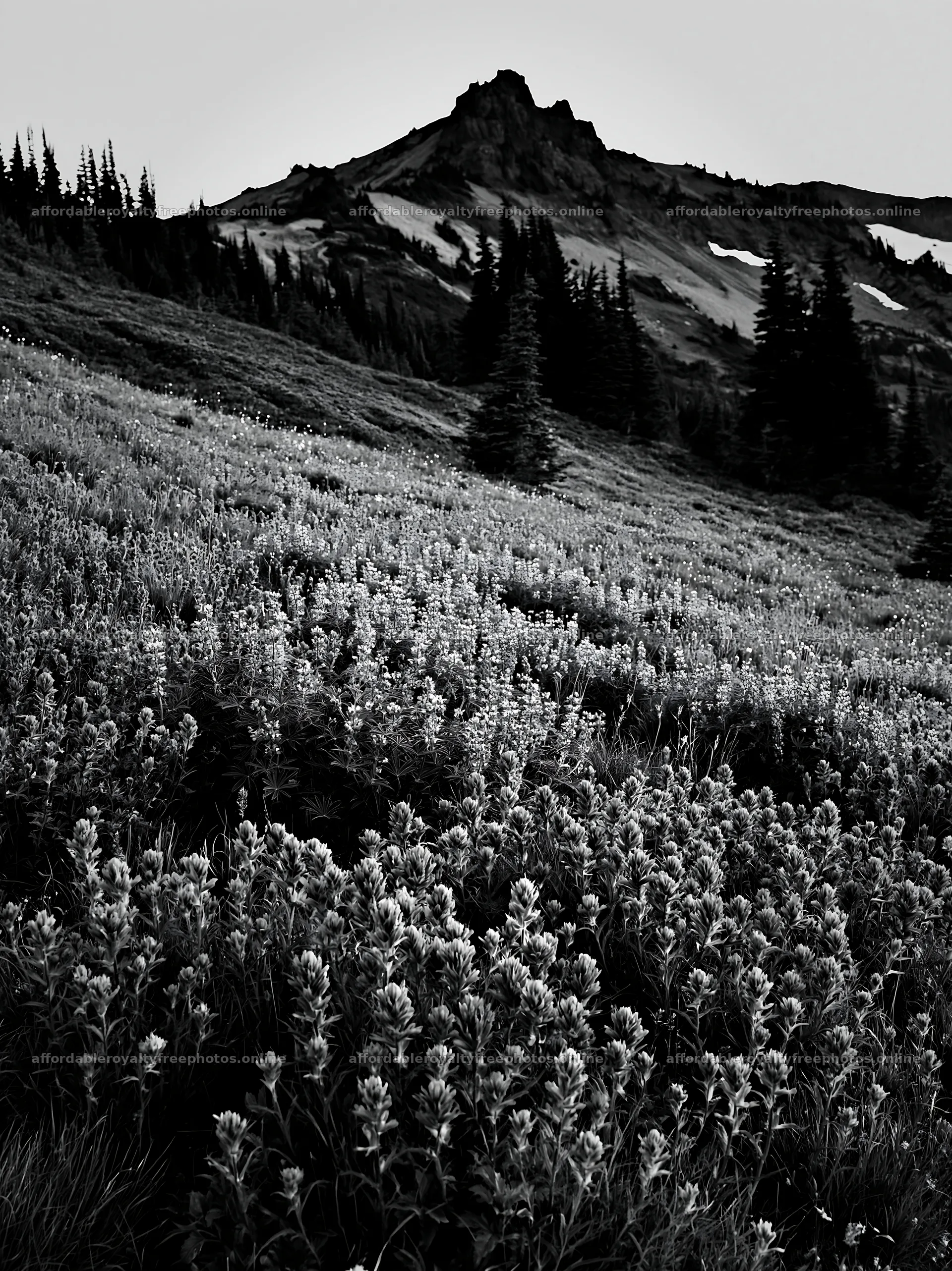 Mount Rainier paintbrush lupine meadow in black and white – royalty-free photos 6866x9174
