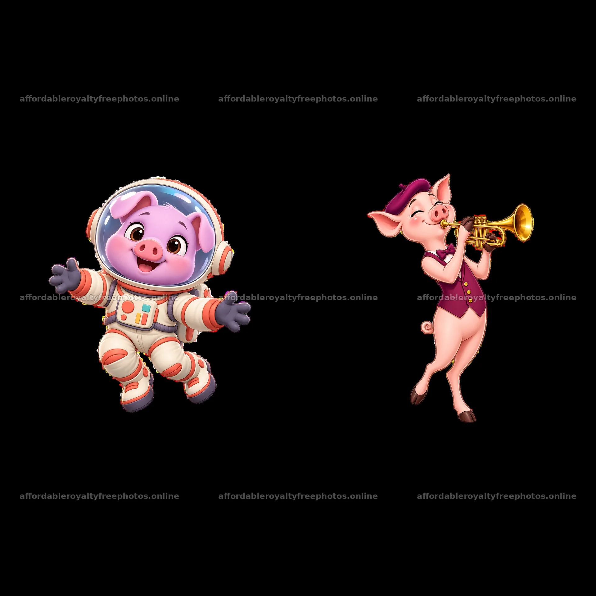 Pig astronaut and trumpeter characters in a fun cartoon – royalty-free photos 7746x7746