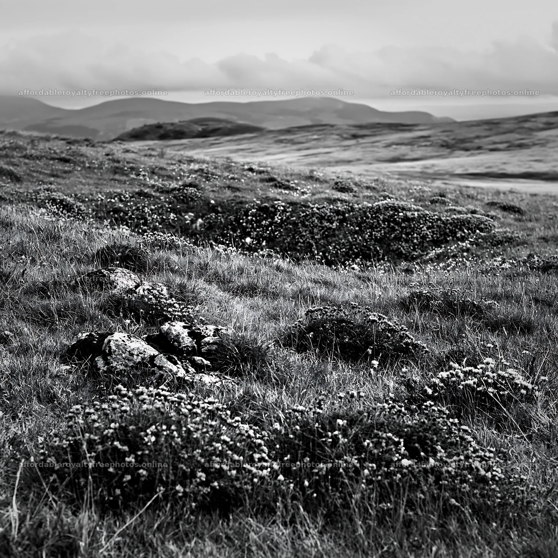 Cloudy rockrose meadow in black and white – royalty-free photos 7938x7938