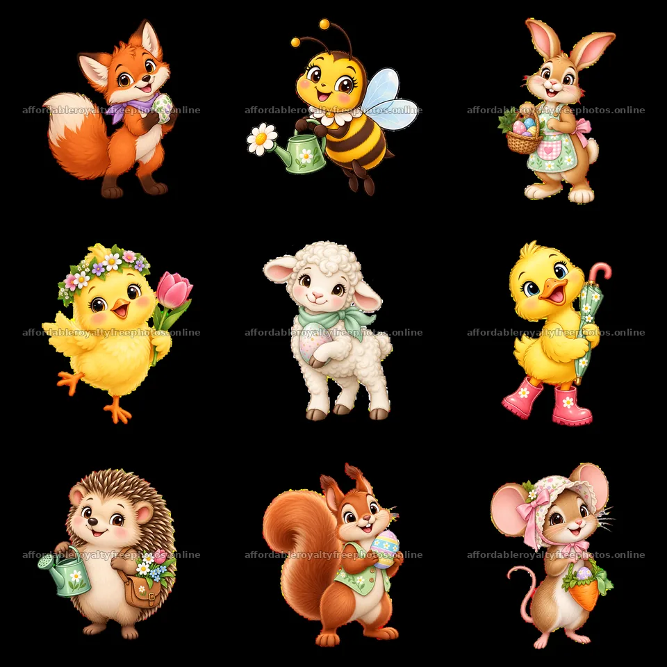 Easter characters on a meadow with flowers and gardening – royalty-free photos 7746x7746