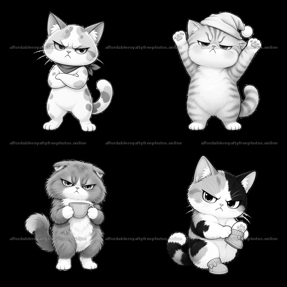Kawaii grumpy cats in four distinct poses arranged in a – royalty-free photos 7746x7746