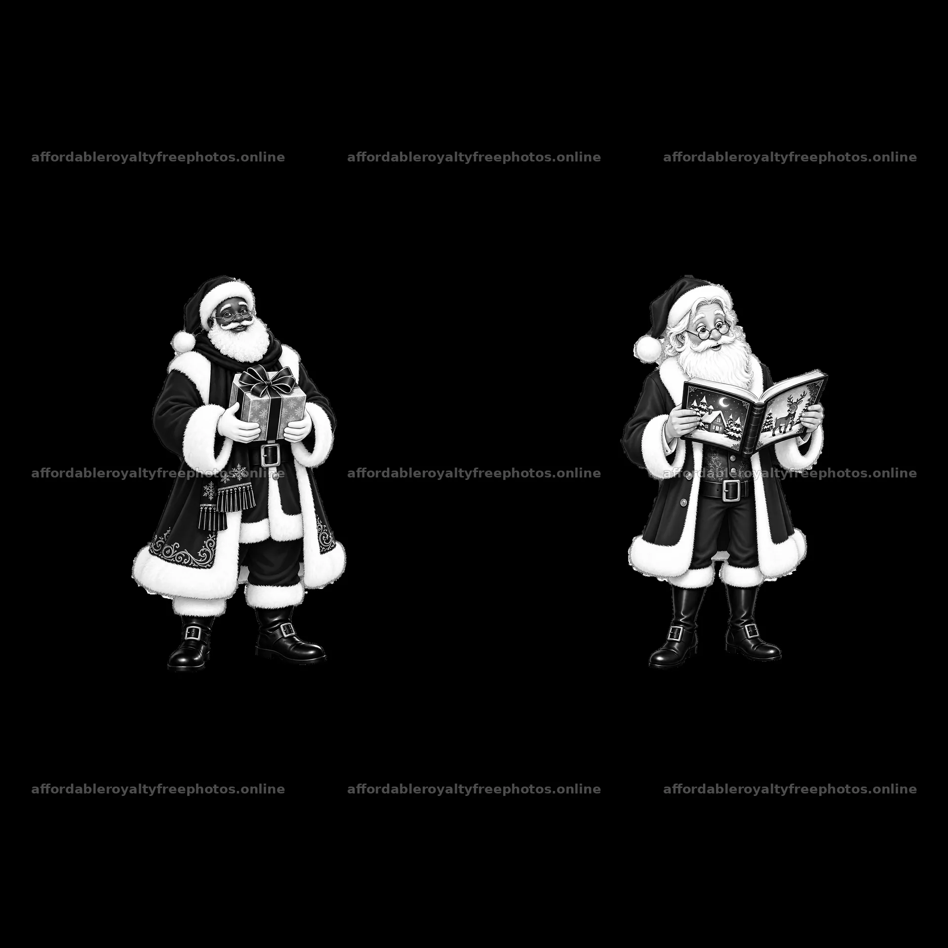 Santa Claus characters with gifts and books in black and white – royalty-free photos 7746x7746