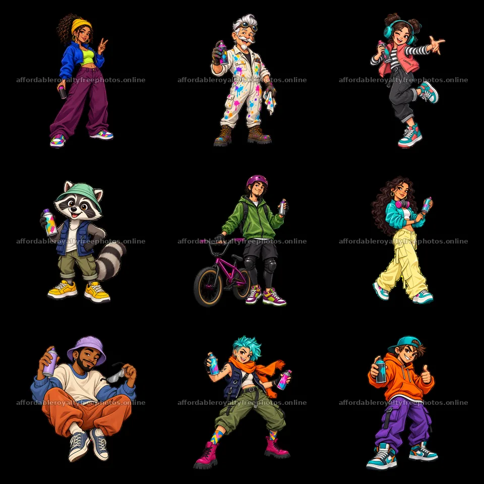 Cool graffiti sprayers showcasing diverse styles and – royalty-free photos 7746x7746