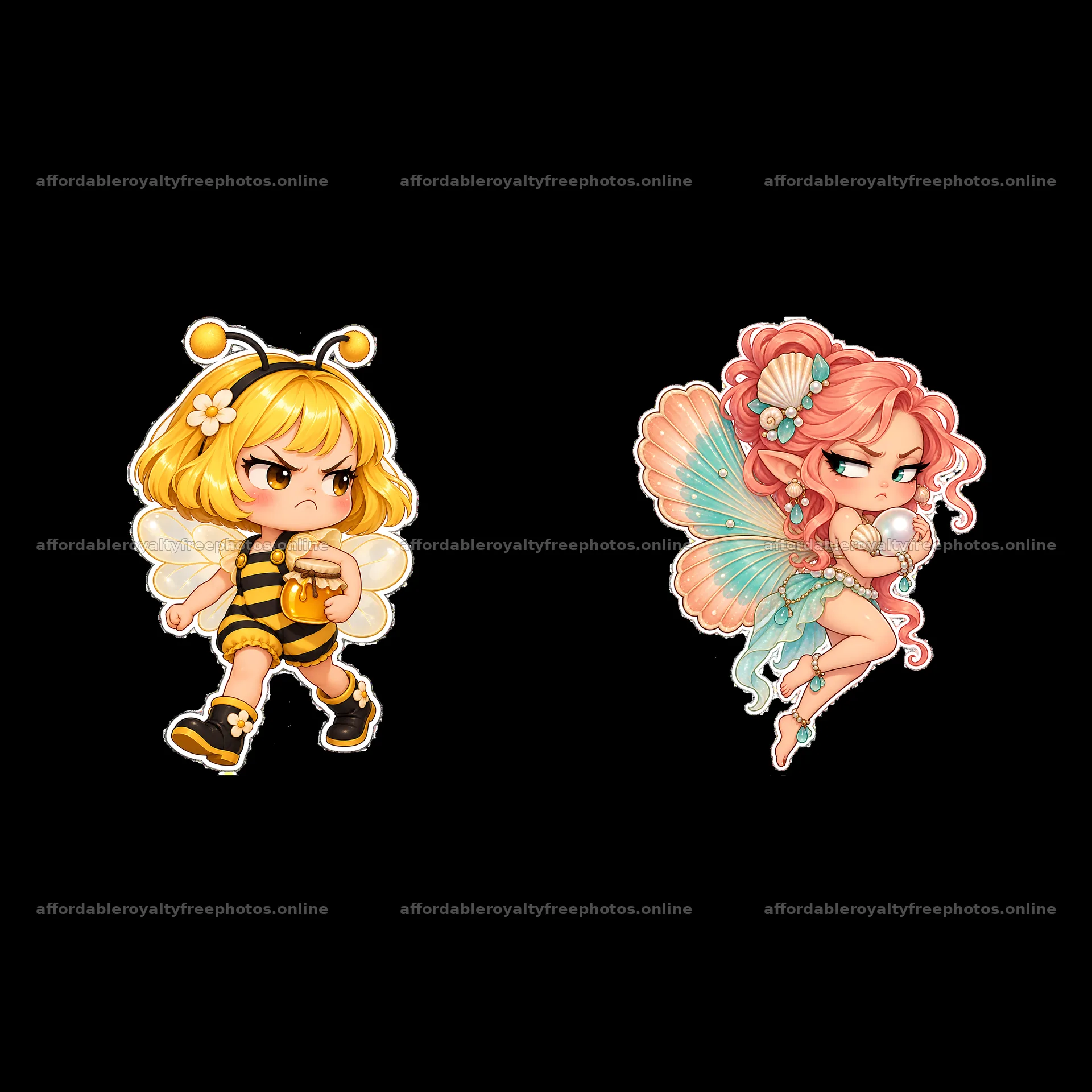 Kawaii grumpy fairy and bee characters in playful pose – royalty-free photos 7746x7746