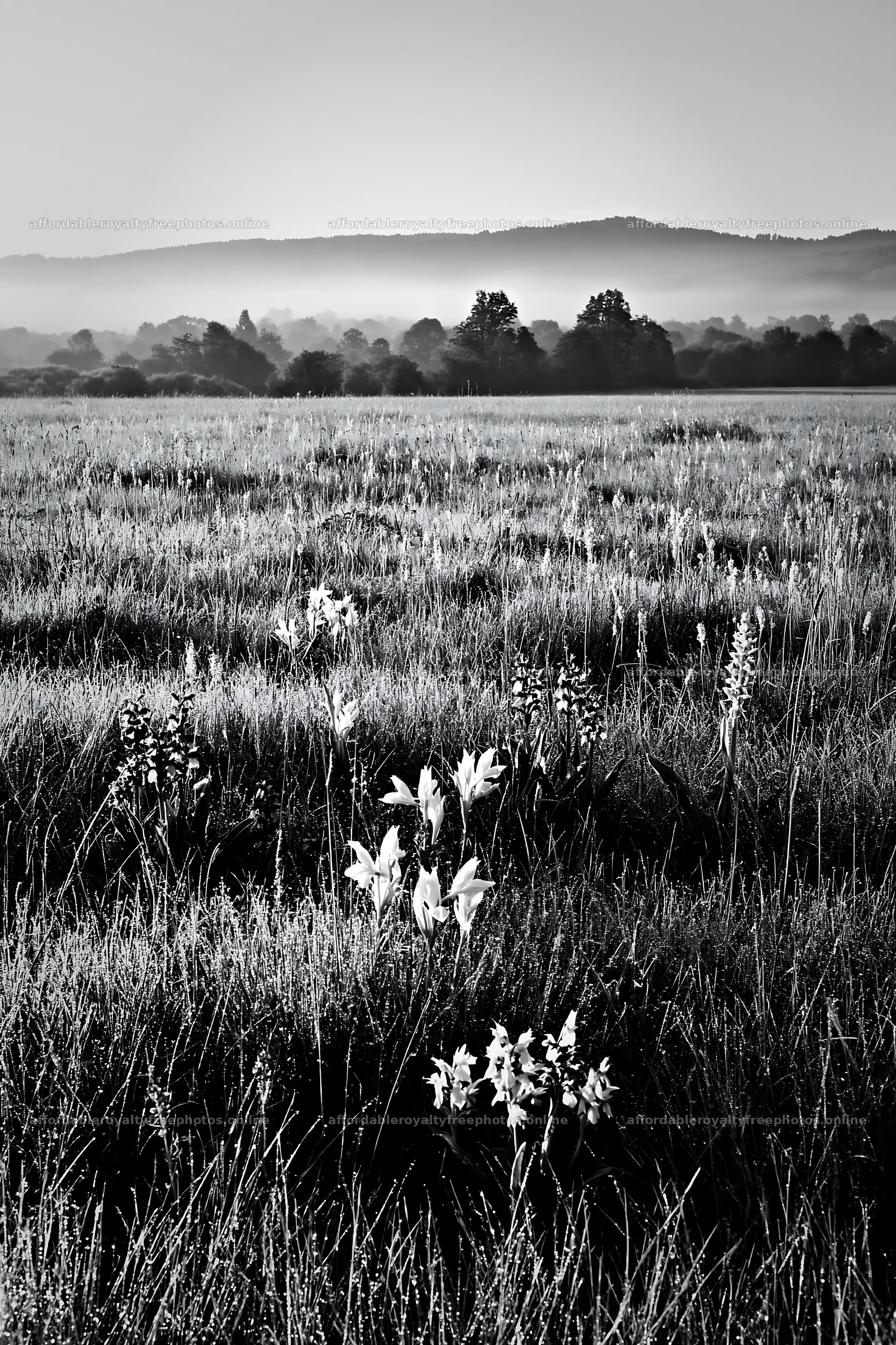 Colorful orchid meadow at sunrise with mist and green – royalty-free photos 6480x9722