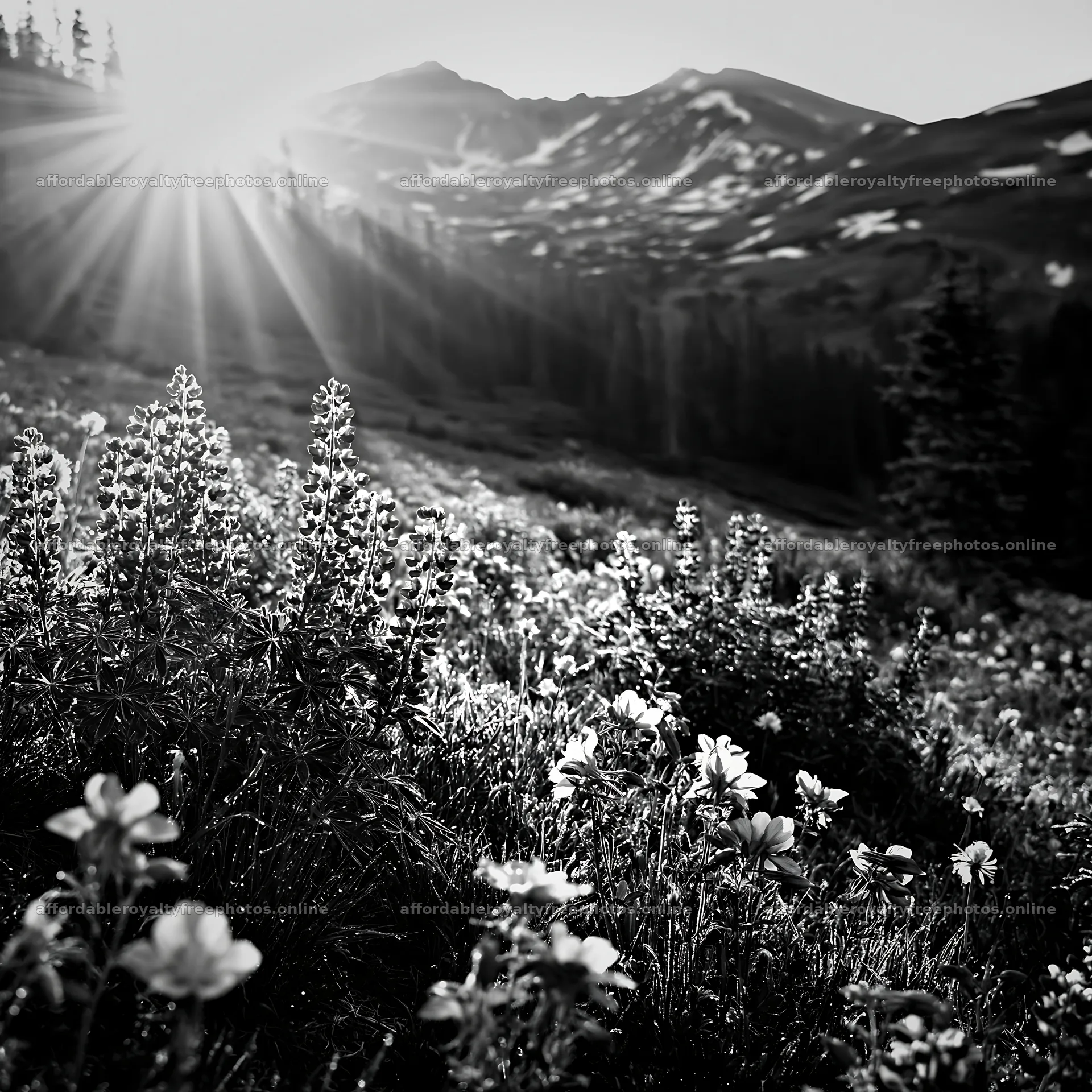 Sunrays shining over flowers in a mountain meadow – royalty-free photos 7938x7938
