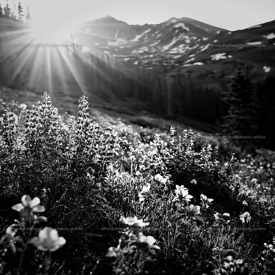 Sunrays shining over flowers in a mountain meadow – royalty-free photos 7938x7938