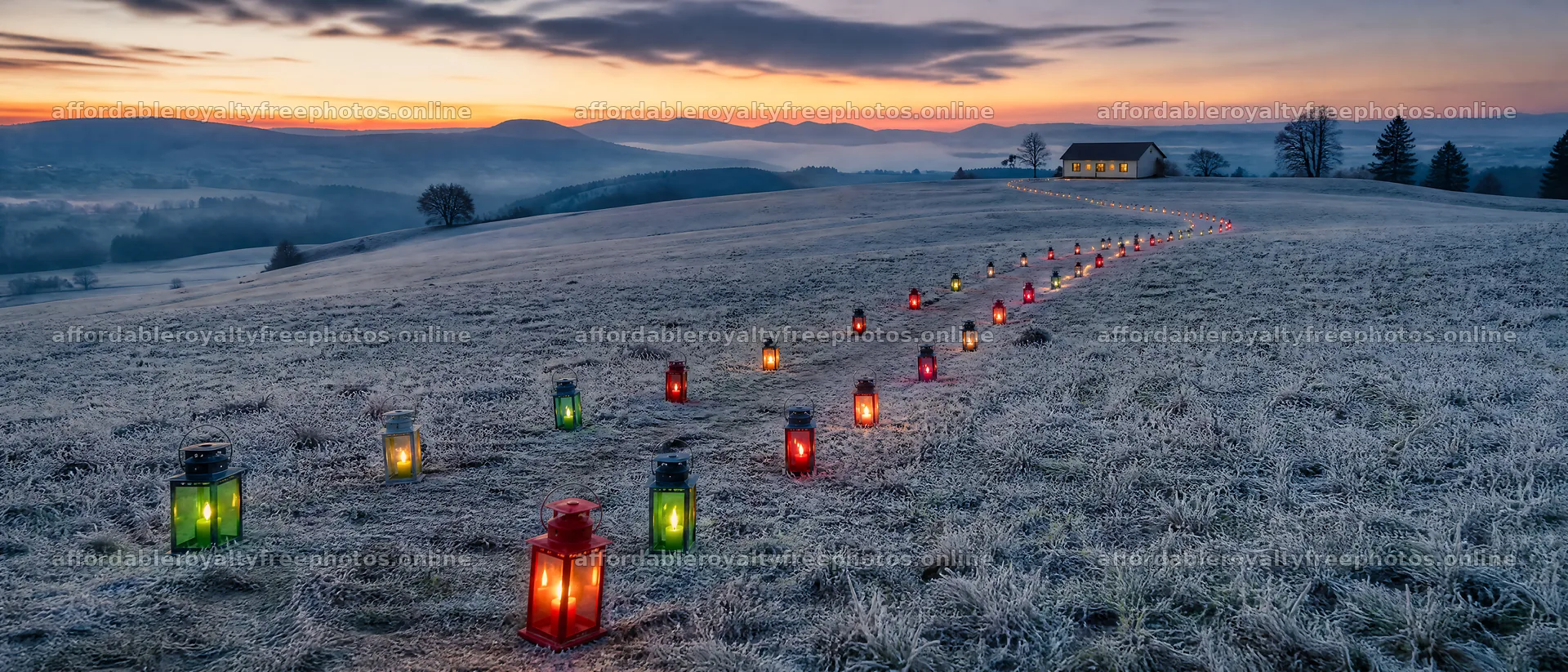 Colorful Christmas lanterns illuminate a meadow at dusk – royalty-free photos 12124x5196