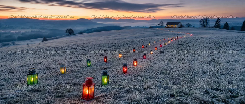 Colorful Christmas lanterns illuminate a meadow at dusk – royalty-free photos 12124x5196