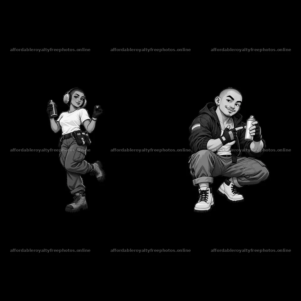 Gay graffiti spray painters in monochrome design – royalty-free photos 7746x7746