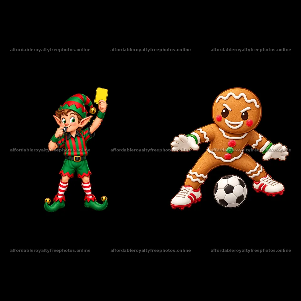 Elf and gingerbread man with soccer ball ready for – royalty-free photos 7746x7746