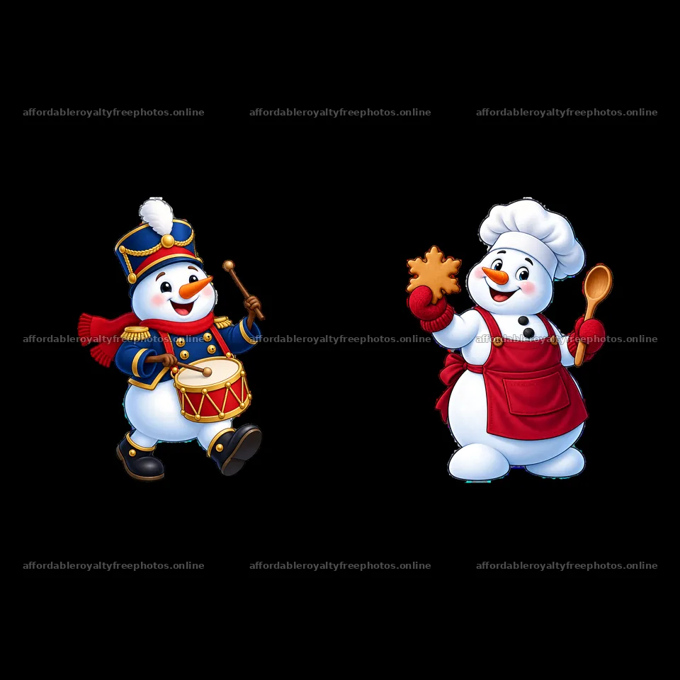 Snowman playing drum and snowman baking with cookie – royalty-free photos 7746x7746
