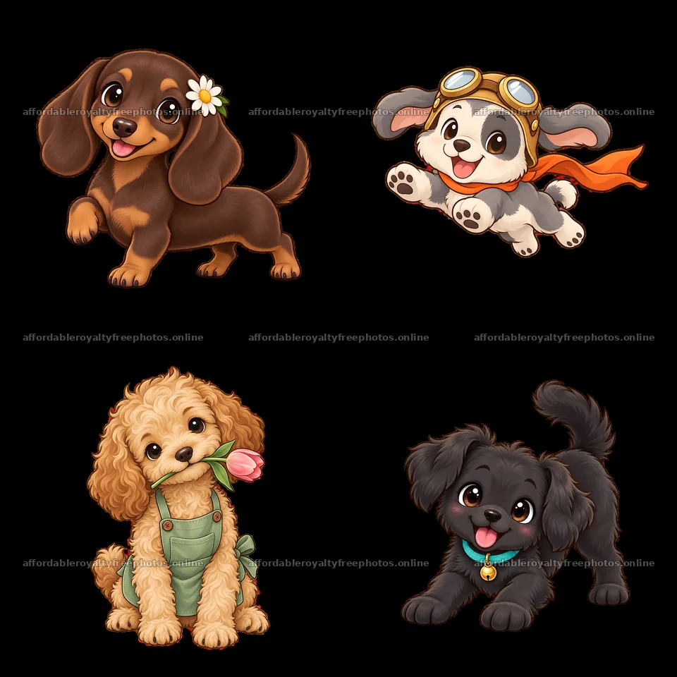 Four cute cartoon dogs in a playful arrangement – royalty-free photos 7746x7746