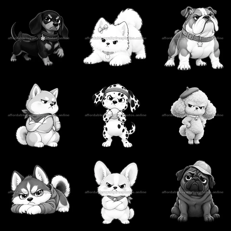 Kawaii grumpy dog stickers in a 3x3 layout – royalty-free photos 7746x7746