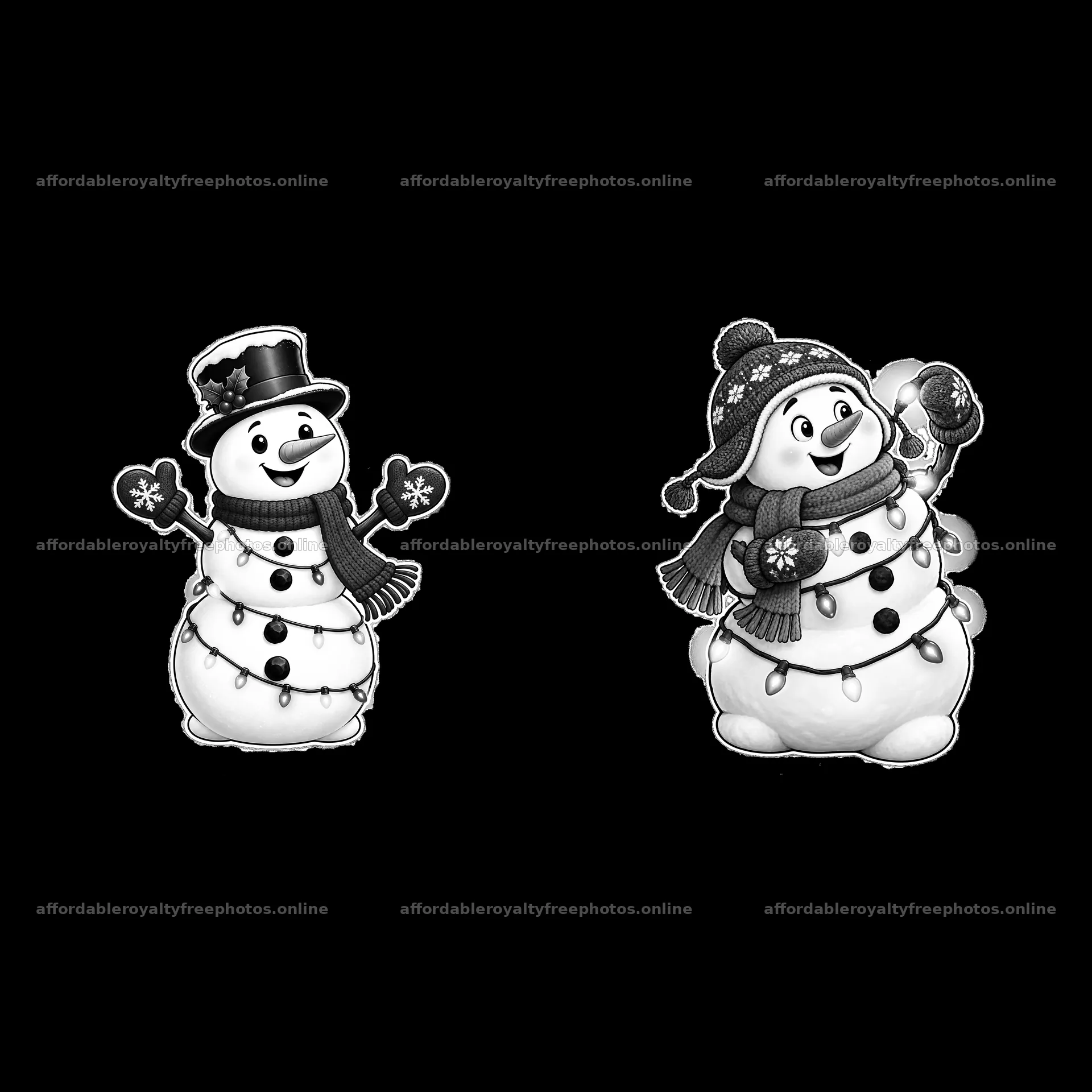 Snowmen decorated with string lights celebrating winter – royalty-free photos 7746x7746