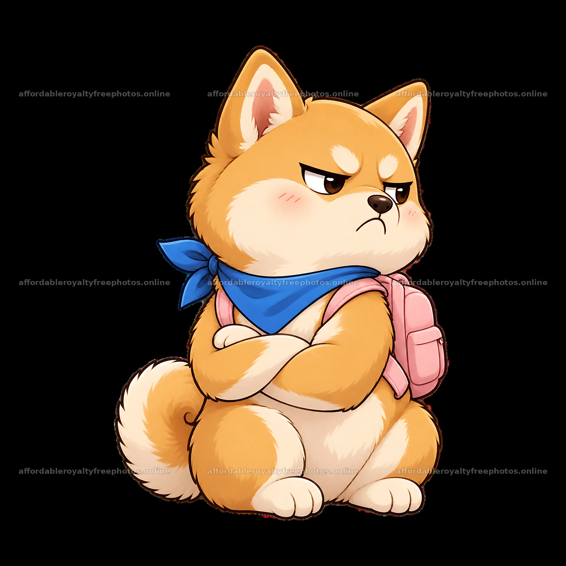 Grumpy dog with backpack and blue scarf sitting down – royalty-free photos 7746x7746