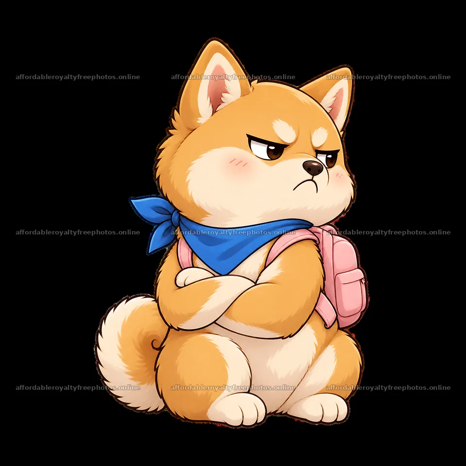 Grumpy dog with backpack and blue scarf sitting down – royalty-free photos 7746x7746