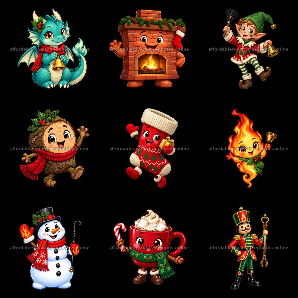 Colorful Christmas characters by the fireplace in a 3x3 layout – royalty-free photos 7746x7746