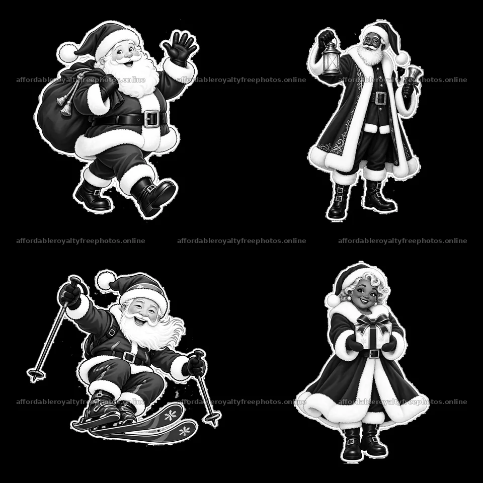 Santa Claus characters in various festive activities – royalty-free photos 7746x7746