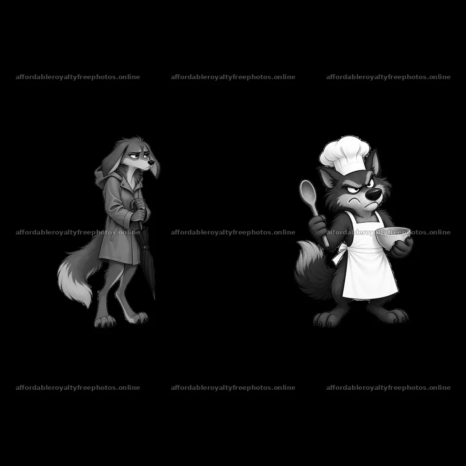 Grumpy wolf chef and sulking wolf with an umbrella – royalty-free photos 7746x7746