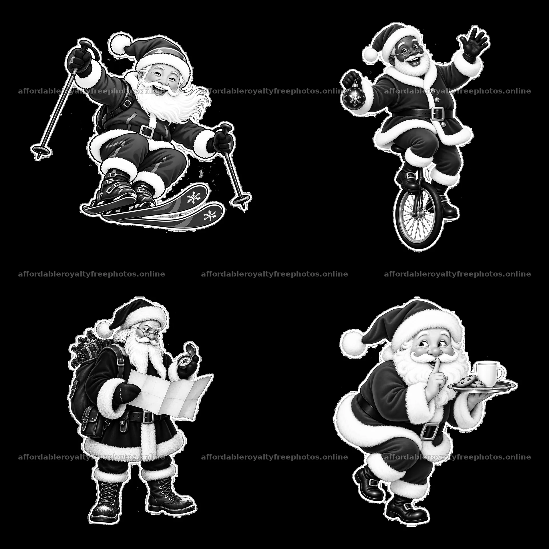 Santa Claus engaging in various winter activities in – royalty-free photos 7746x7746