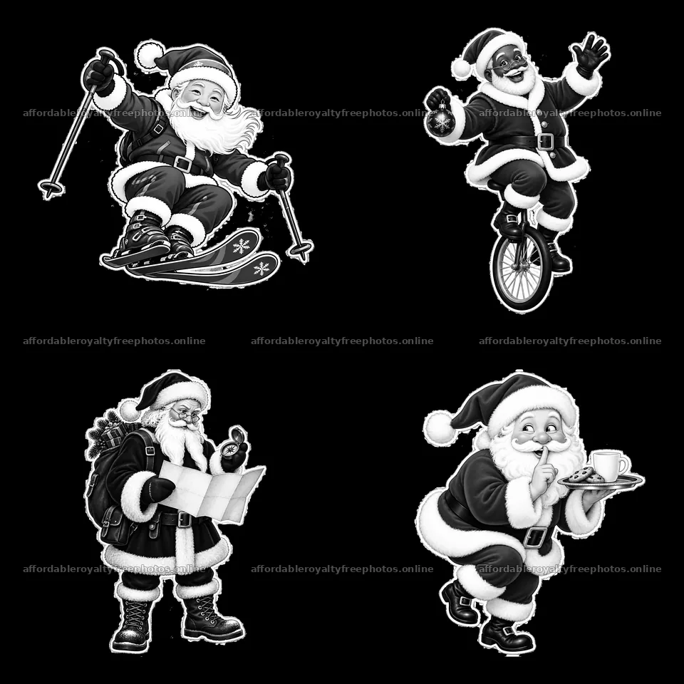Santa Claus engaging in various winter activities in – royalty-free photos 7746x7746