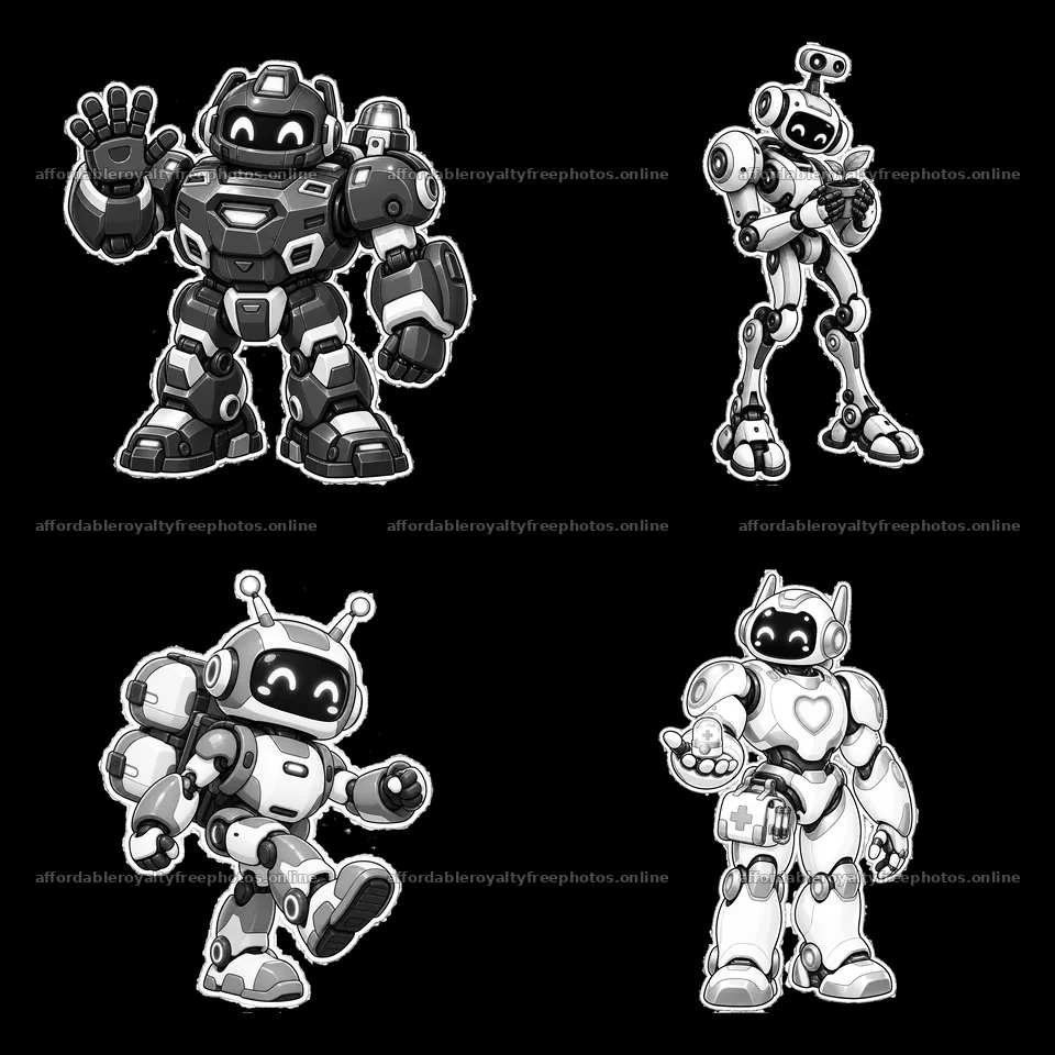 Four mech robots with different features and gestures – royalty-free photos 7746x7746