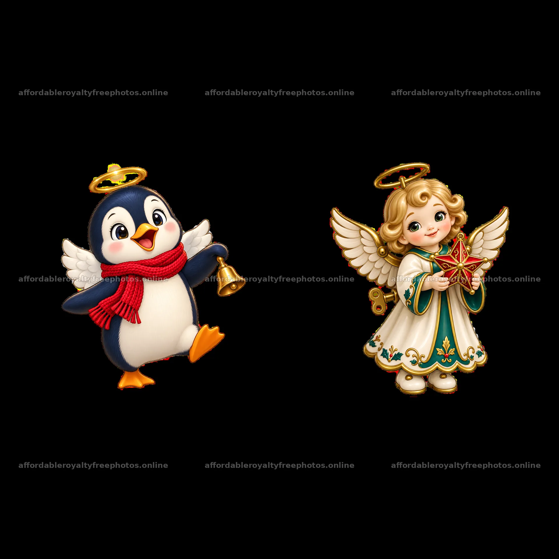 Christmas angel penguin with a bell and angel holding a – royalty-free photos 7746x7746